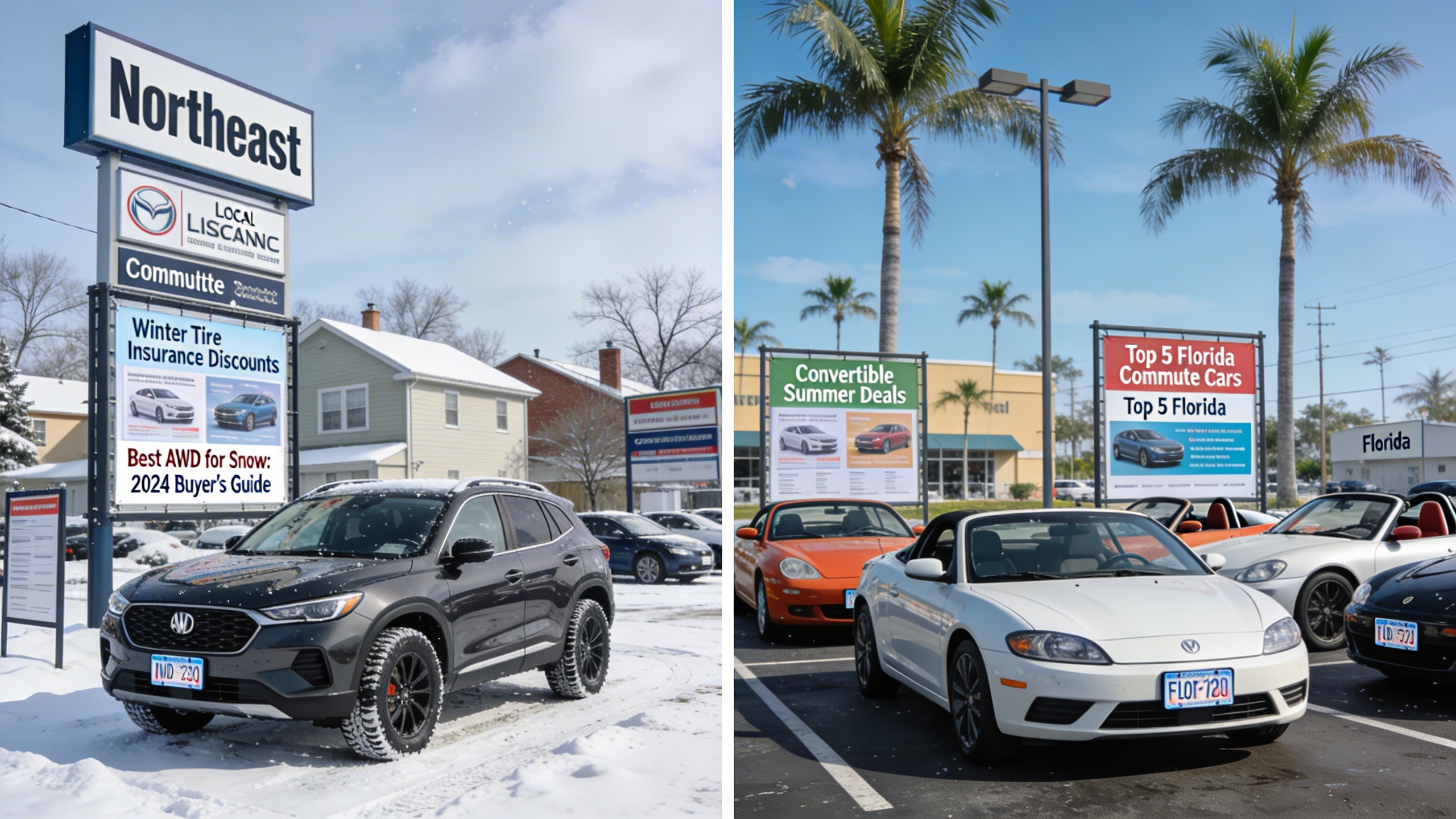 Diptych of snowy northern lot with AWD vehicle and sunny southern lot with convertibles, highlighting regional differences in wholesale vs retail car pricing