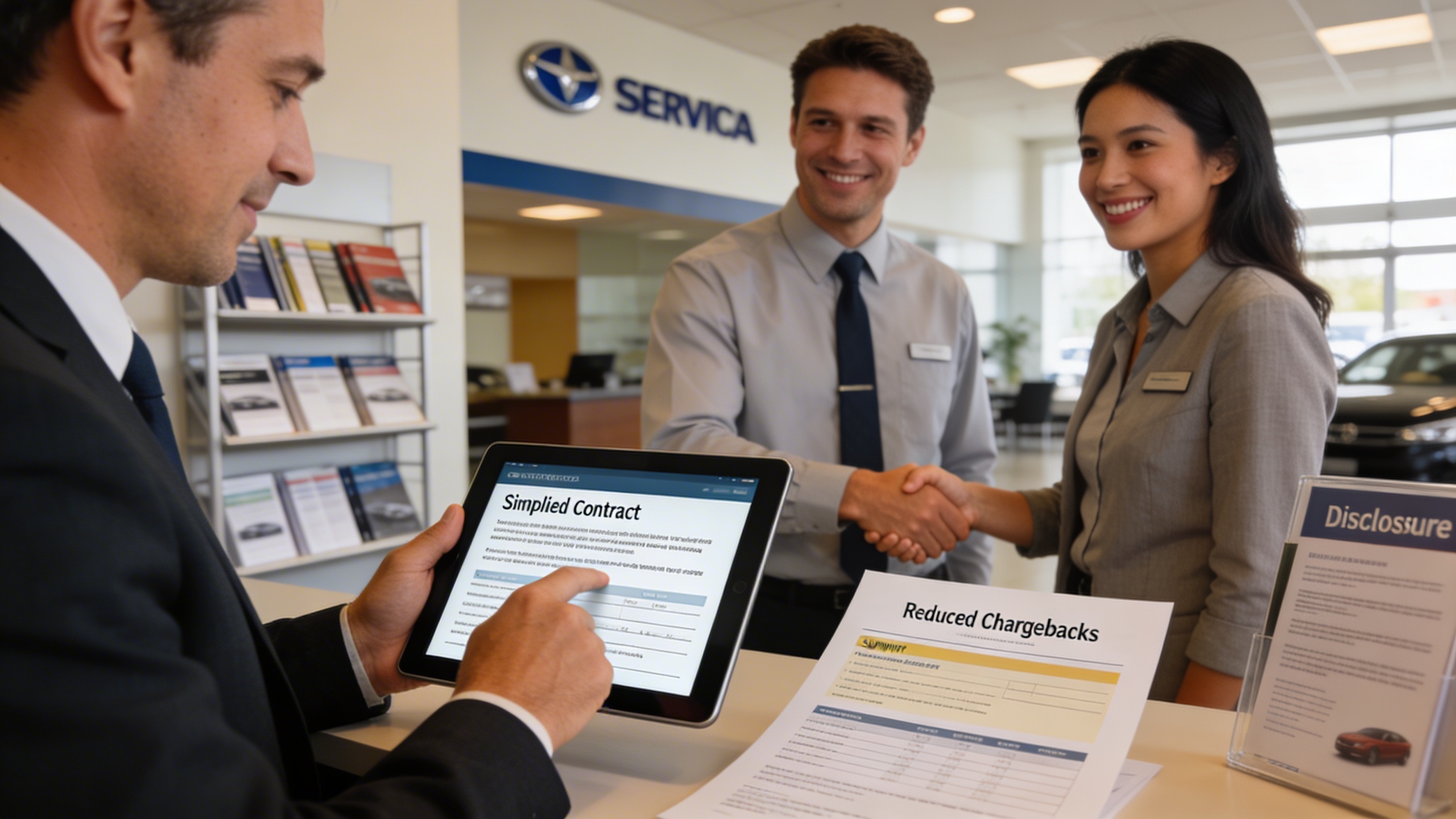 Dealership manager and service advisor reviewing transparent warranty terms with a satisfied customer, a case study in better service and fewer chargebacks