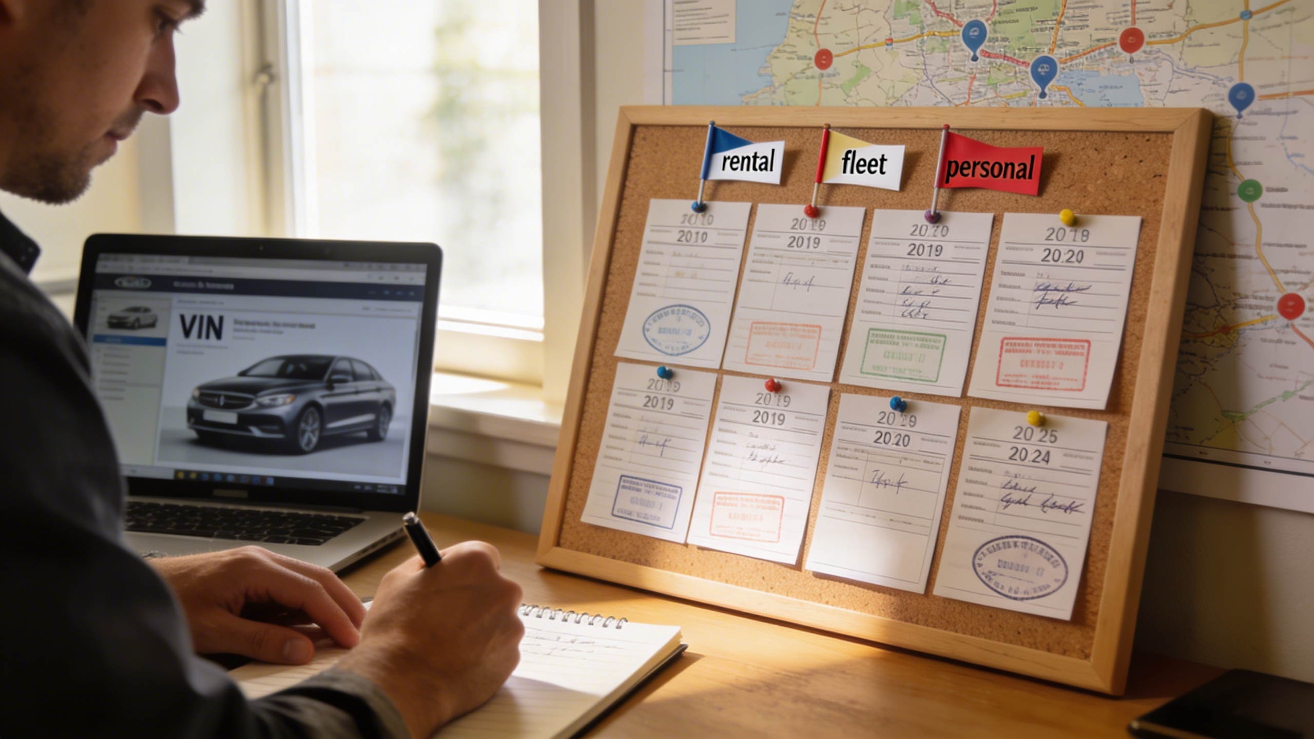 Person mapping ownership stamps and service records on a board to trace vehicle history, showing why wholesale car auctions for consumers require careful review