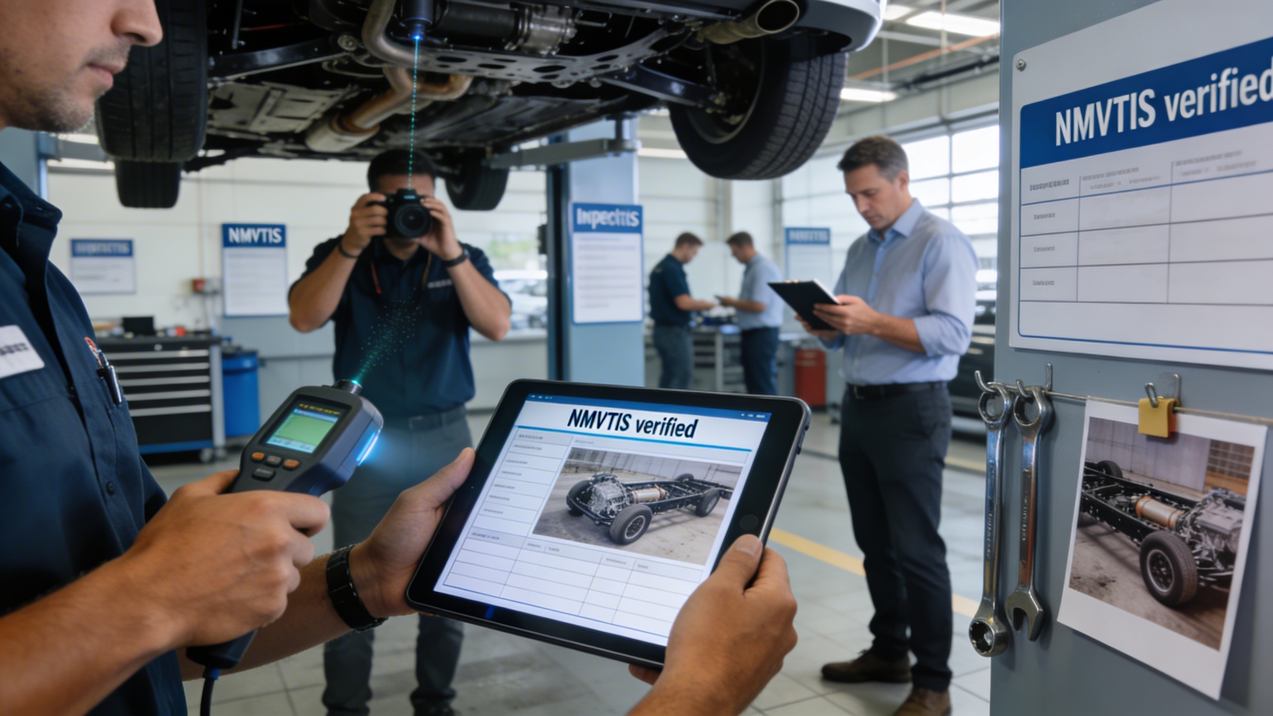 Dealership intake team performing NMVTIS checks and moisture scans to reduce buybacks and secure wholesale priced used cars