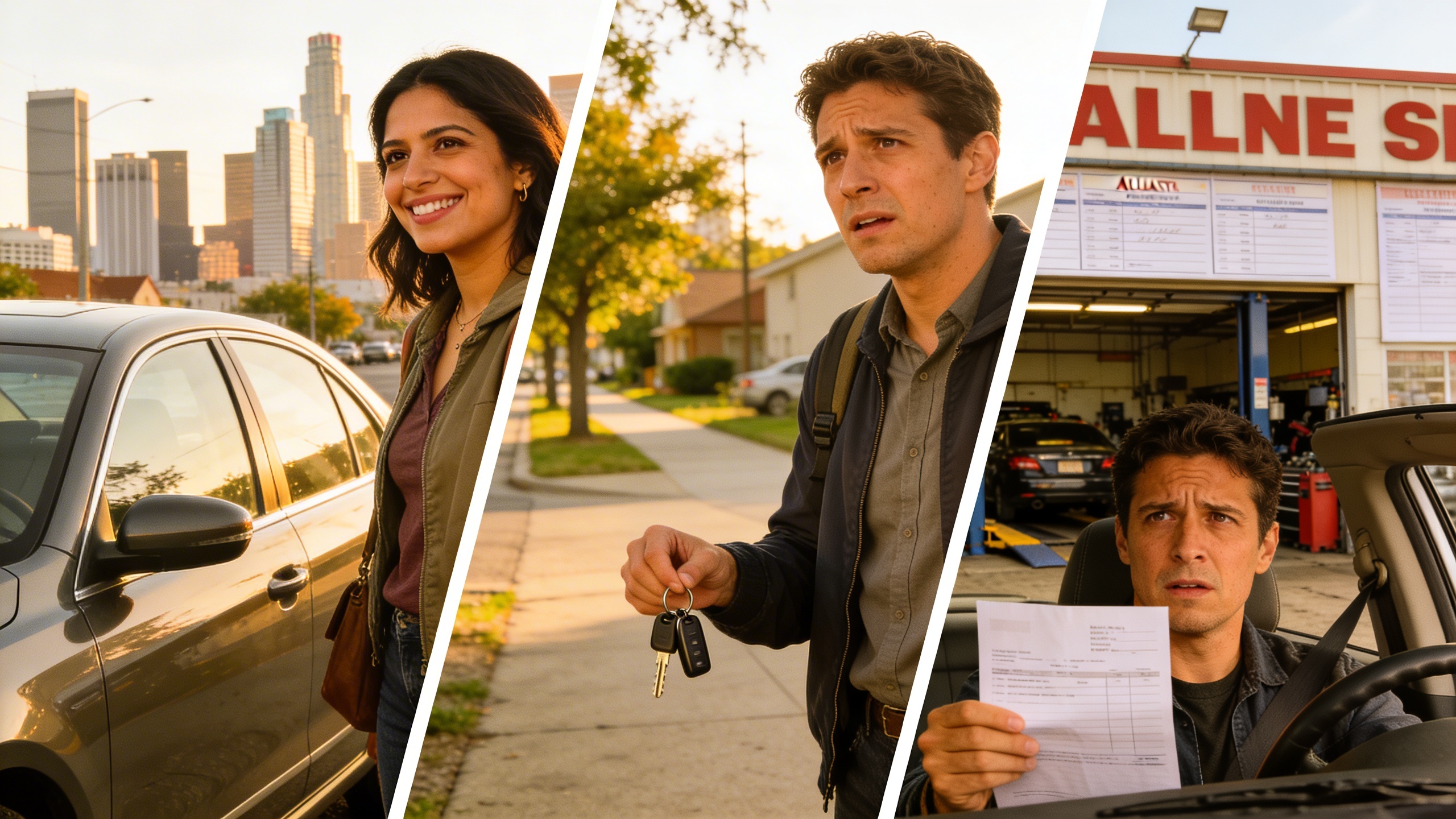 Three drivers from different walks of life reflecting wins and setbacks with their cars, illustrating fair market value used car choices and real-world budgeting stories