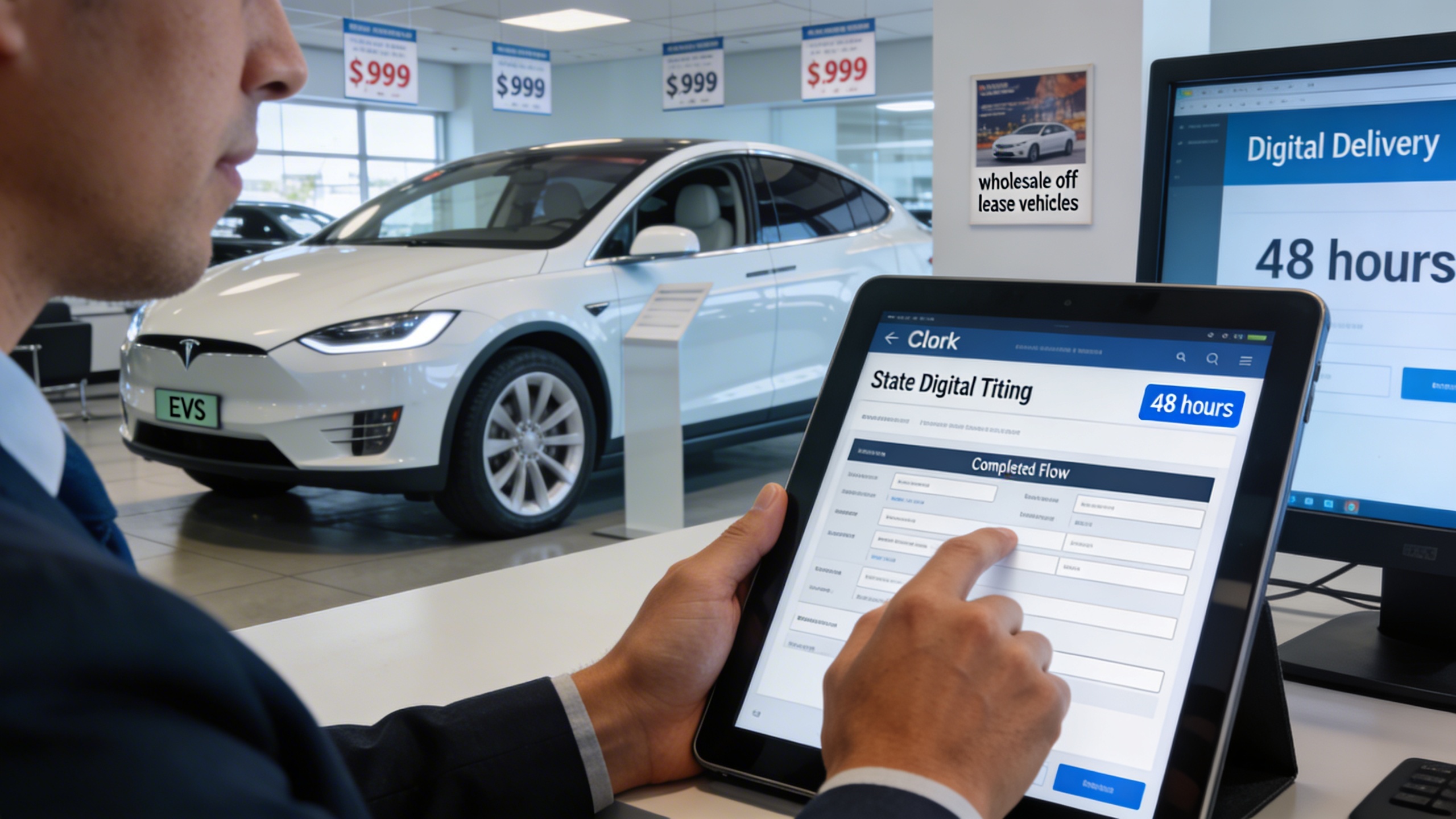 Dealership staff completing an electronic title transfer on a tablet with a showroom EV nearby, illustrating digital titling and off lease vehicles wholesale