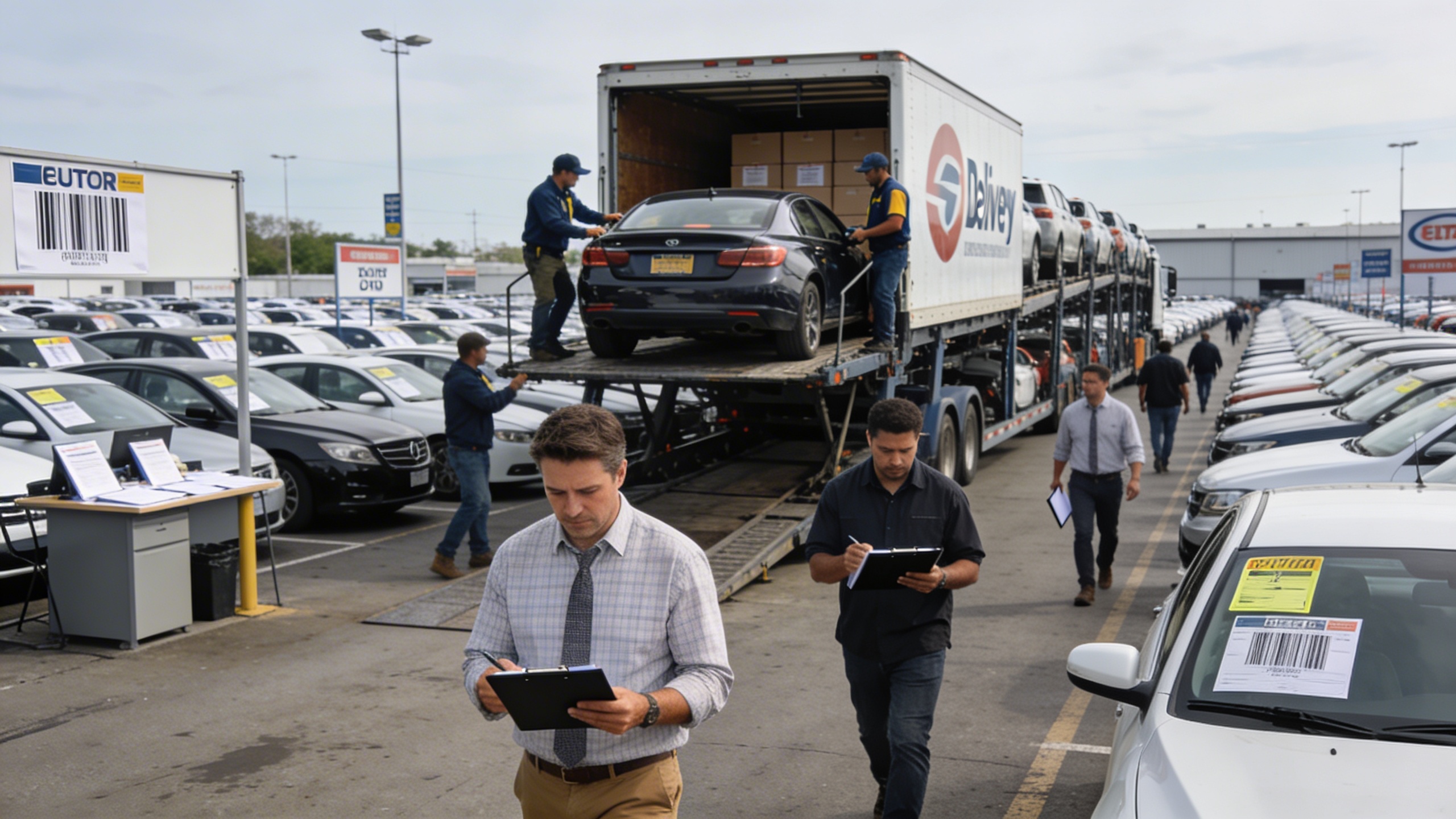 Buyers inspecting rows of fleet vehicles for sale wholesale at an auction yard while a delivery crew prepares a car delivery to home, showing how many buyers access inventory