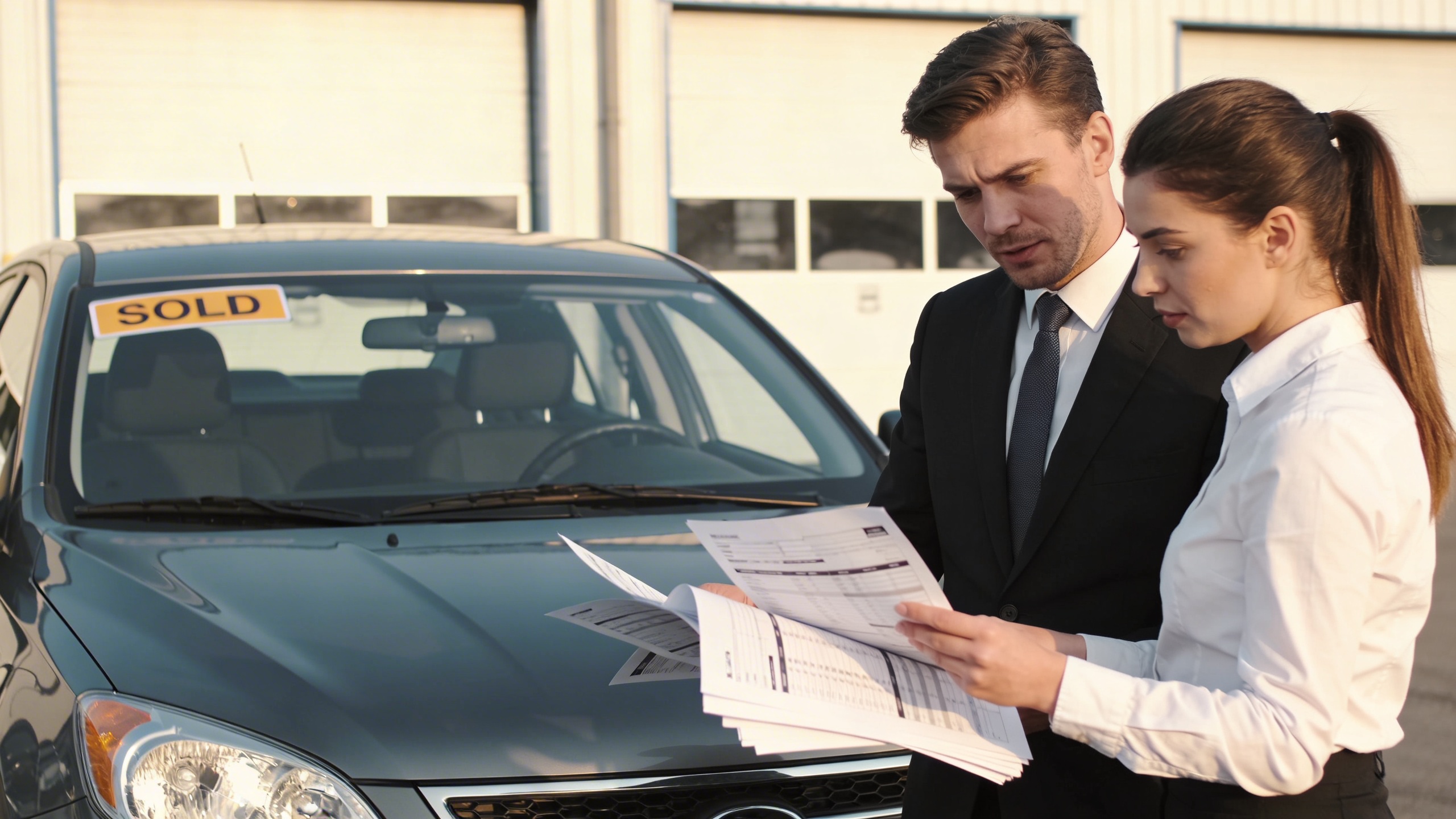 Dealership team reviewing a vehicle history report beside a sold used car, illustrating improved results when dealers read histories carefully