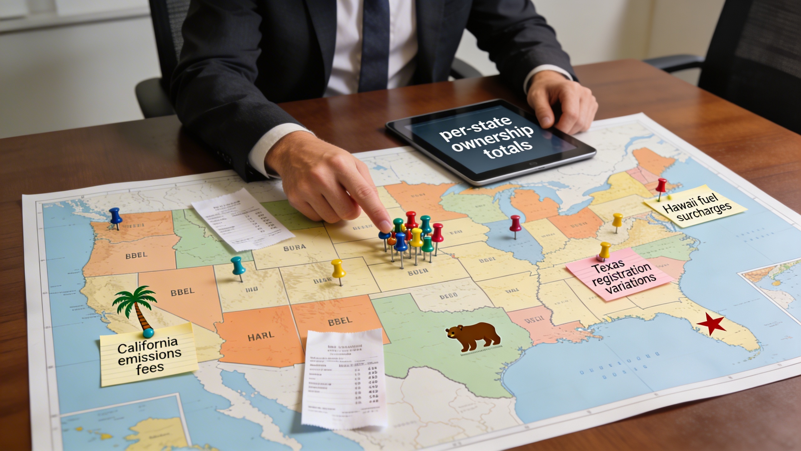 Analyst pointing at a US map marked with regional cost differences for car ownership, illustrating regional realities across the USA