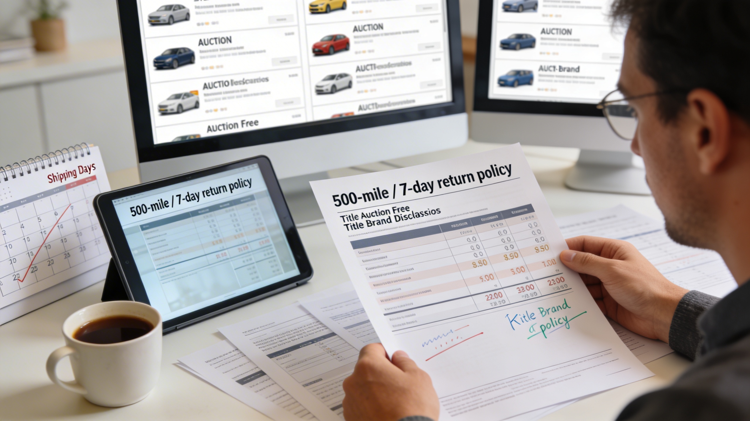 Buyer comparing auction listings and transparent pricing tables with a visible 7-day return policy, highlighting car auction access for buyers and transparent car pricing
