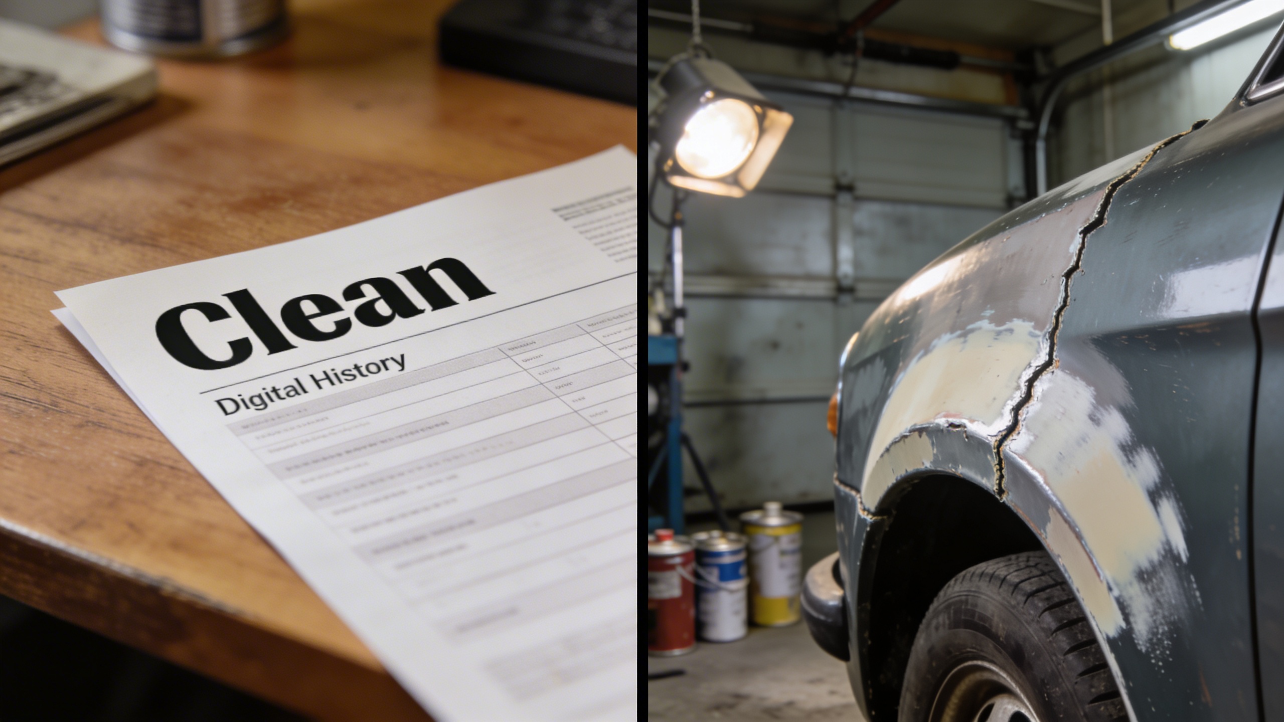 Split image comparing a clean vehicle history report with a repaired fender showing overspray, warning that a clean report does not guarantee no undisclosed repairs