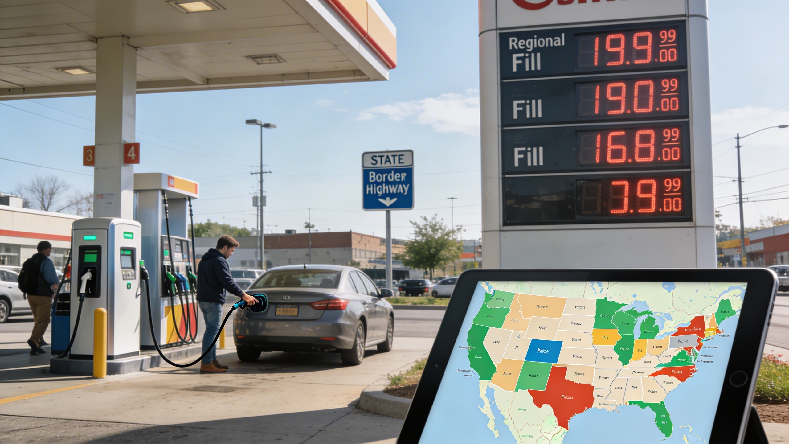 Gas station price signage beside an EV charging stall showing regional fuel and electricity cost contrast