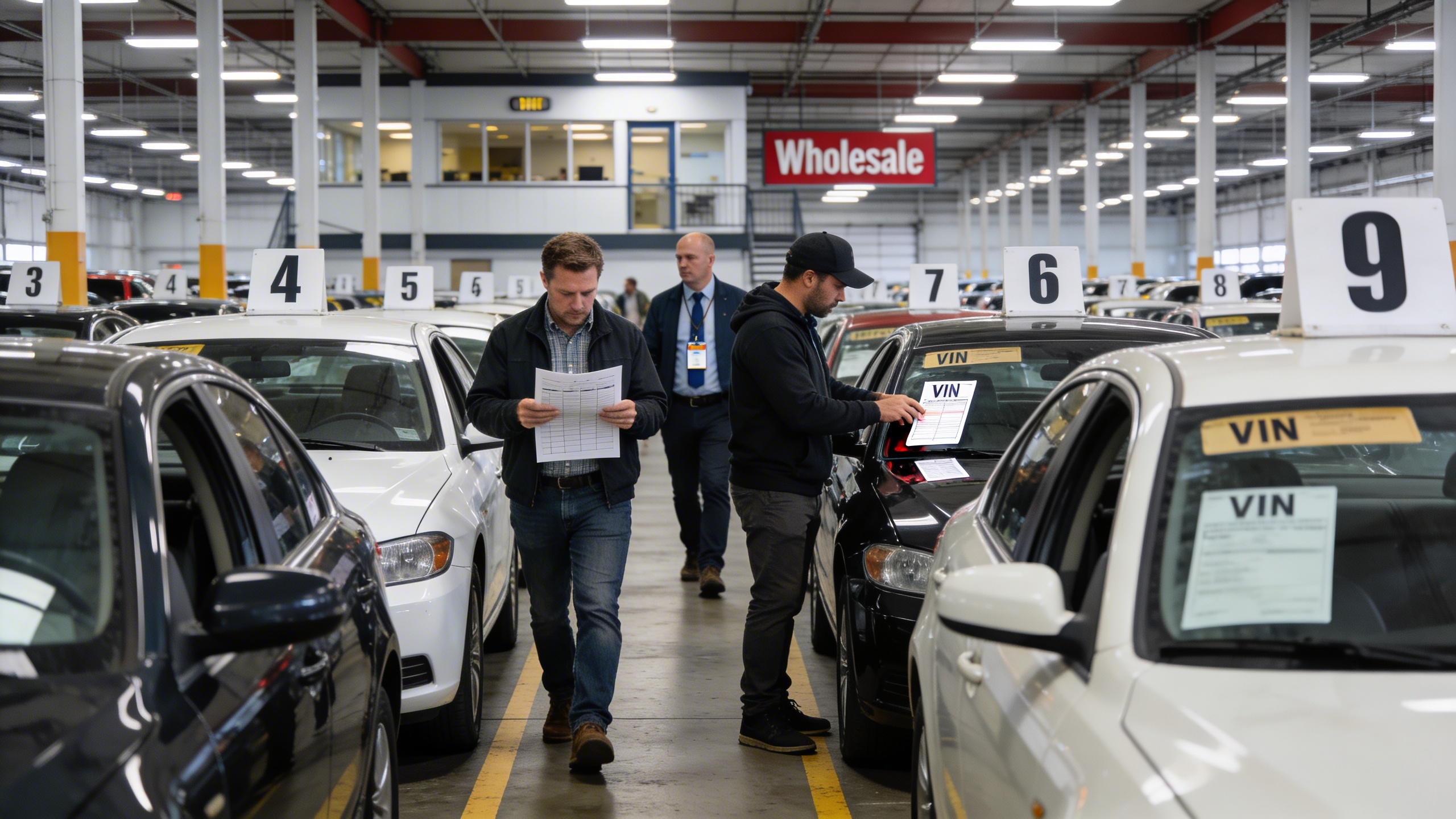 Shoppers and a dealer inspector examining auction-tagged wholesale used cars for sale at a lot, demonstrating how to find wholesale priced used cars below market value